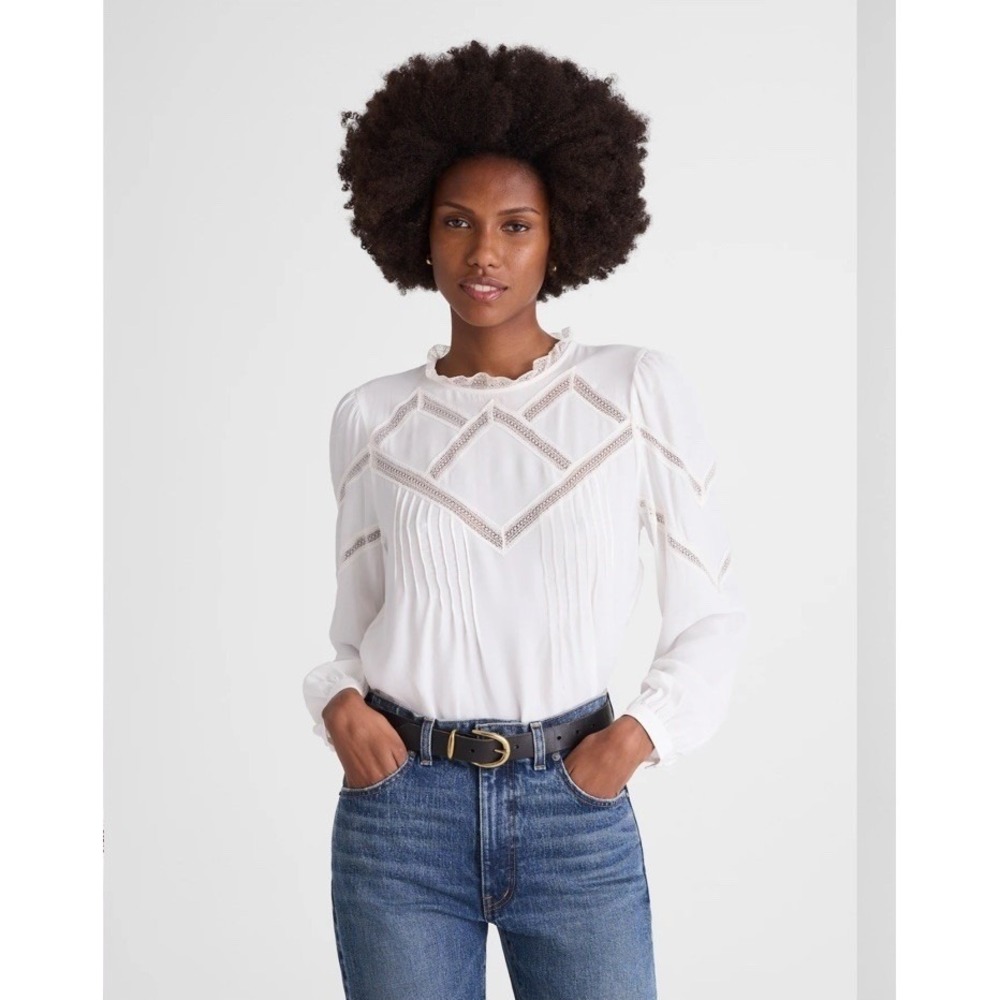 Madewell NWT Lace Insert Mock neck Top White Cream‎ Size Small Silky